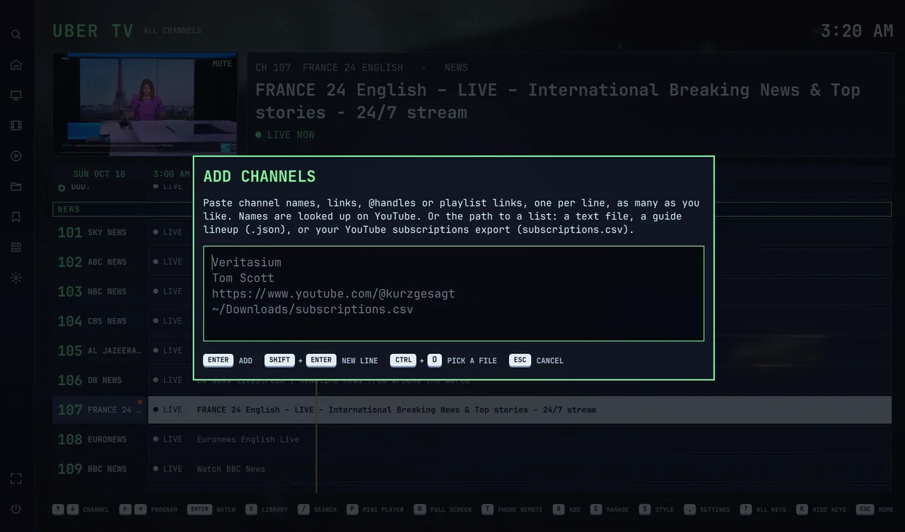 The Add channels box over the guide: paste channel names, YouTube links, @handles or playlist links, one per line, or the path to a list.