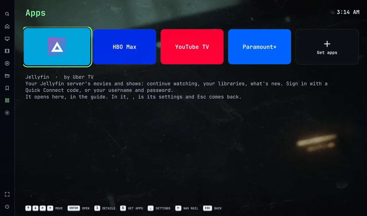 The Apps screen: Jellyfin, HBO Max, YouTube TV and Paramount+, and Get apps for more.