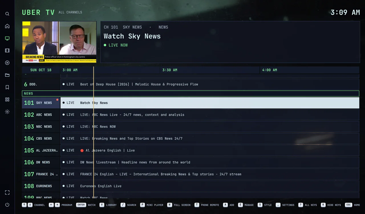 The program guide: Sky News playing in the preview above a grid of live news channels, 101 to 109.