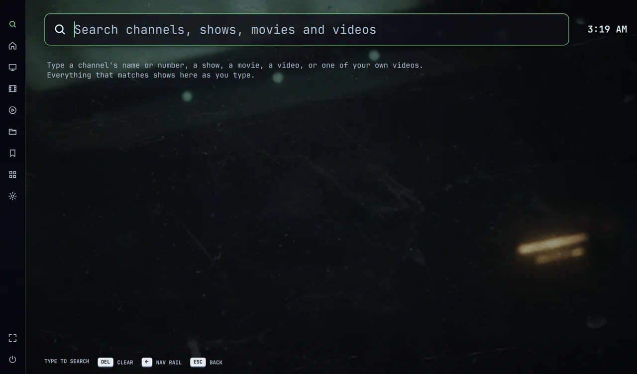 The search screen: type a channel’s name or number, a show, a movie, a video, or one of your own videos.