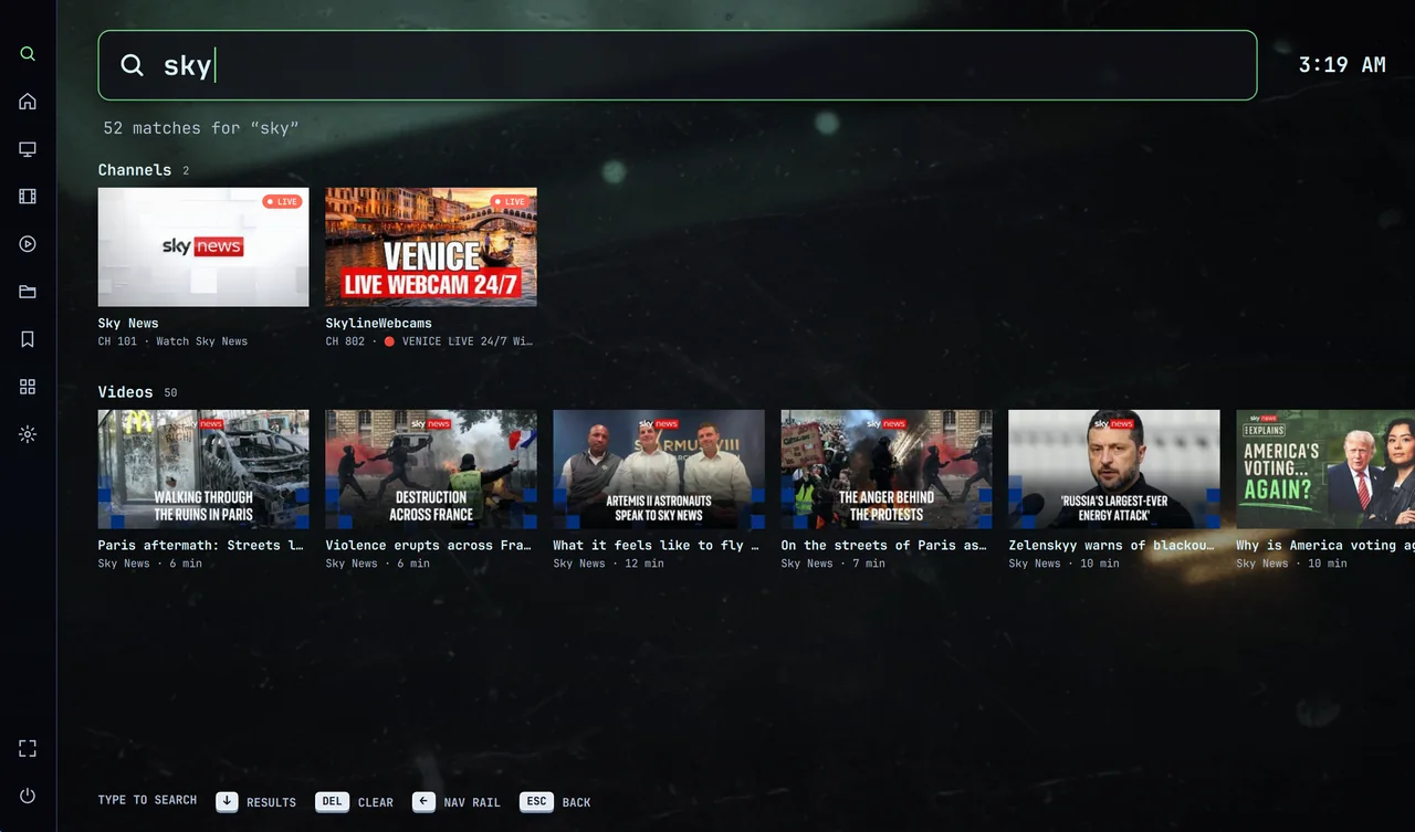 Search results for “sky”: two live channels and fifty videos.