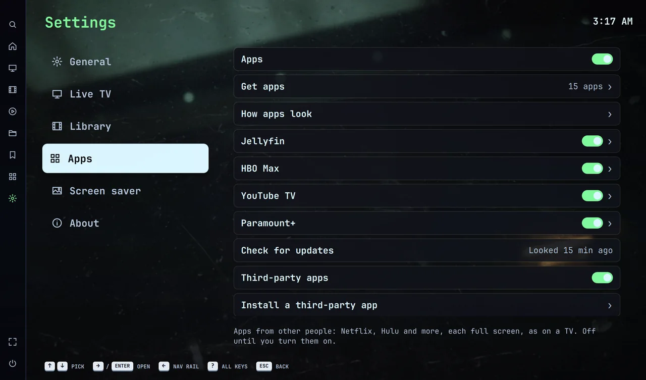 Apps settings: turn each app on or off, check for updates, and install third-party apps.