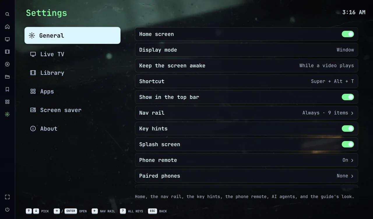 General settings: the Home screen, window or full screen, the Super + Alt + T shortcut, the nav rail, key hints and the phone remote.