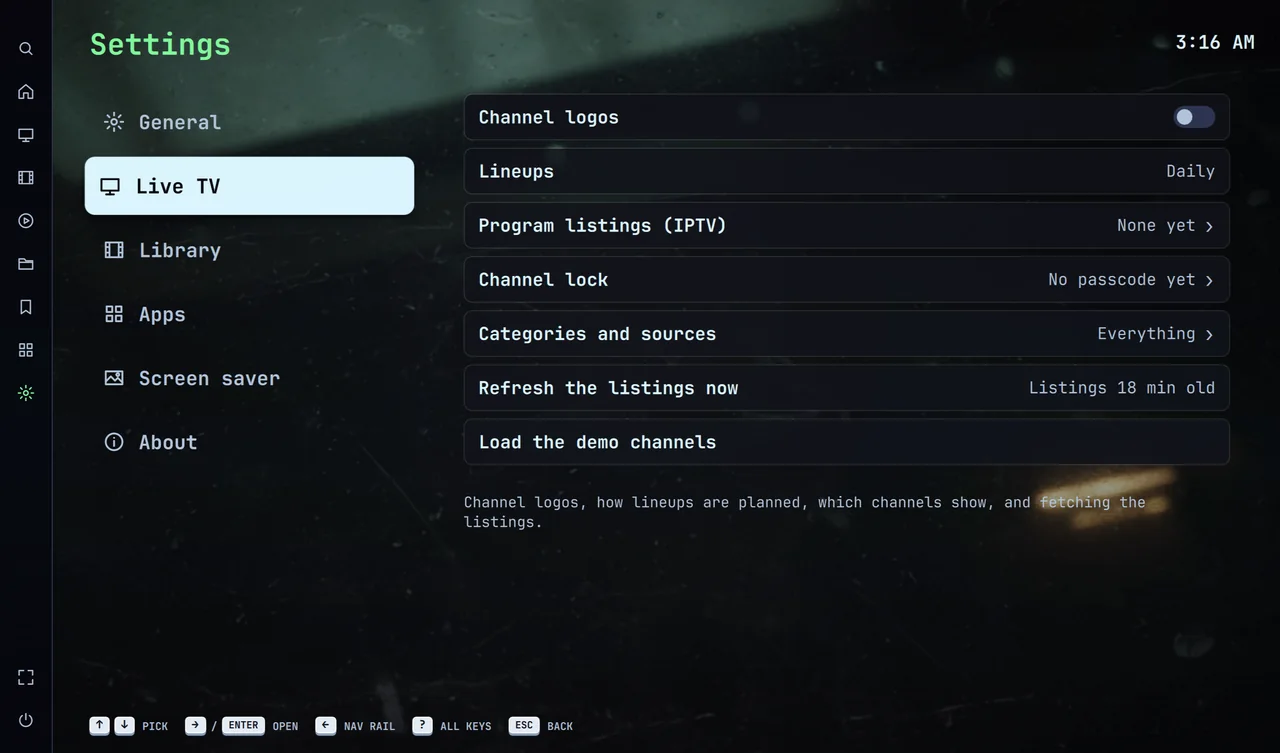 Live TV settings: channel logos, lineups, program listings, channel lock, and categories and sources.
